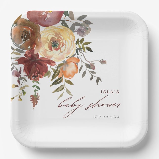 Fall Burgundy & Orange Flowers Baby Shower Paper Plates (Front)
