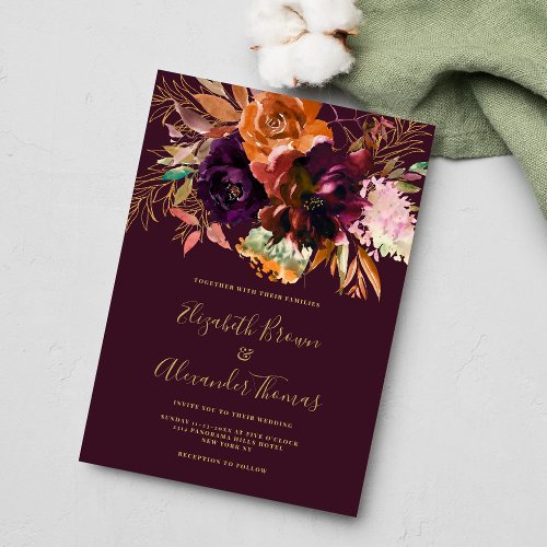 Fall burgundy peach brown gold pink floral wedding invitation