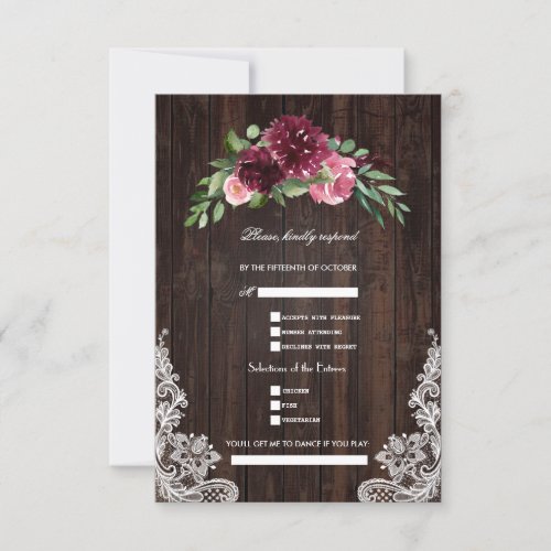 Fall Burgundy Pink Floral Wood Lace Wedding RSVP Card