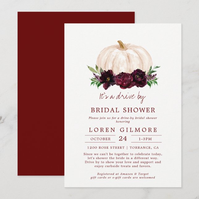 Fall Burgundy Pumpkin Drive By Bridal Shower Invitation (Front/Back)
