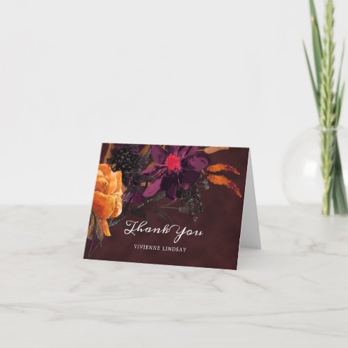 Fall Burgundy Red Floral Photo Wedding Thank You Card