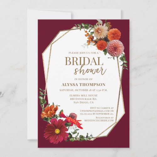 Fall Burgundy Red Gold Autumn Floral Invitation