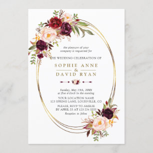 Fall Burgundy Red Marsala Floral Gold Wedding Invitation