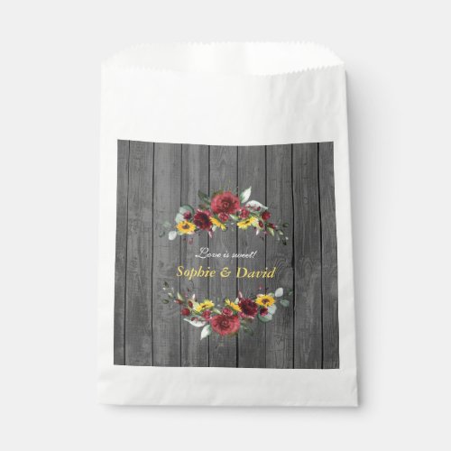 Fall Burgundy Roses Sunflowers Barn Wood Wedding Favor Bag