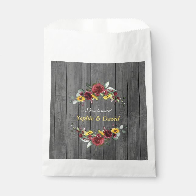 Fall Burgundy Roses Sunflowers Barn Wood Wedding Favor Bag (Front)