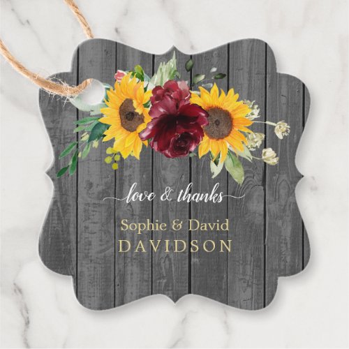 Fall Burgundy Roses Sunflowers Grey Wood Wedding Favor Tags