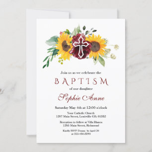 Fall Burgundy Sunflower White Cross Baptism Invitation