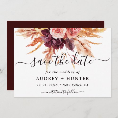 Fall Burgundy Terracotta Floral Wedding Photo Save The Date