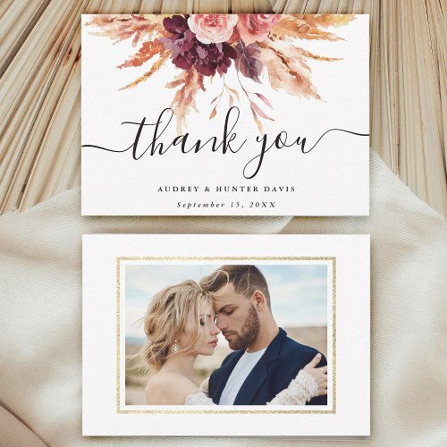 Fall Burgundy Terracotta Floral Wedding Photo  Thank You Card