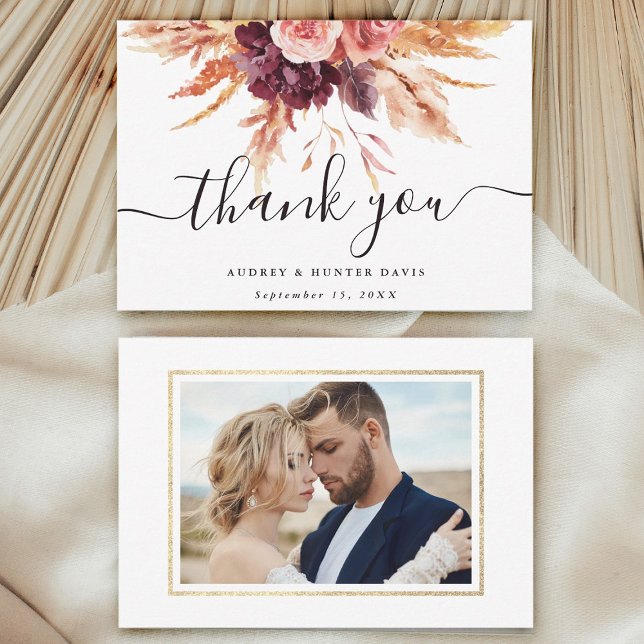 Fall Burgundy Terracotta Floral Wedding Photo  Thank You Card (Front & Back)