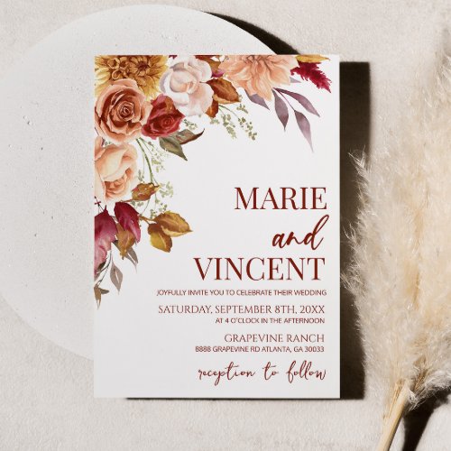 Fall Burgundy Watercolor Floral Flower Wedding Invitation