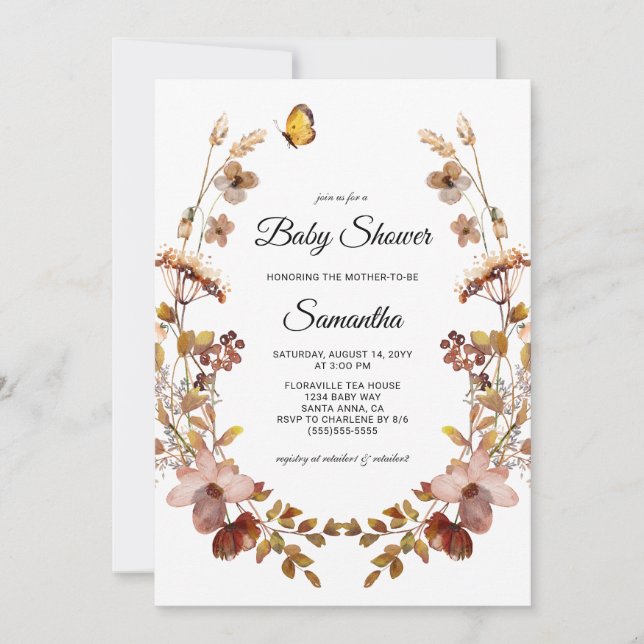 Fall Burgundy Wildflowers Baby Shower Invitation (Front)
