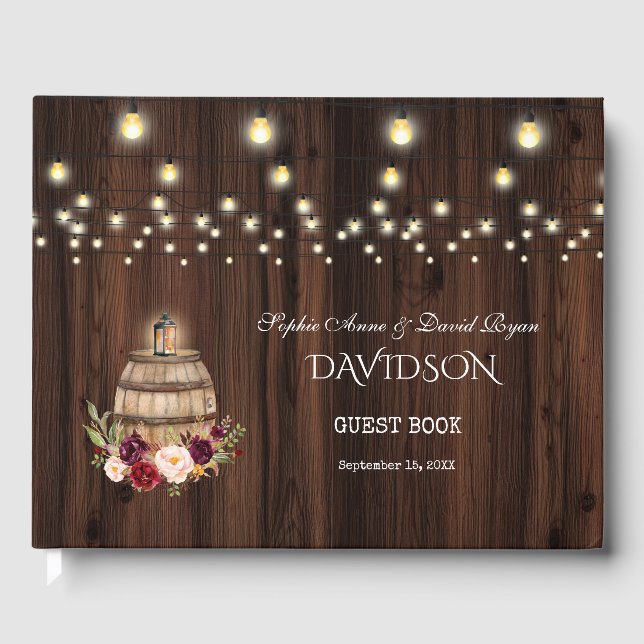 Fall Burgundy Wine Barrel Floral Barn Wedding Guest Book (Front)