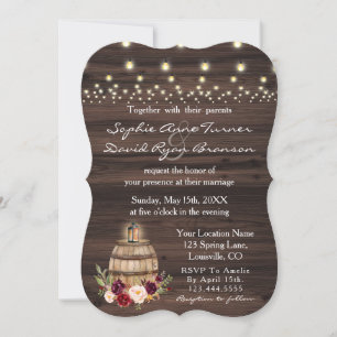 Fall Burgundy Wine Barrel Floral Barn Wedding Invitation