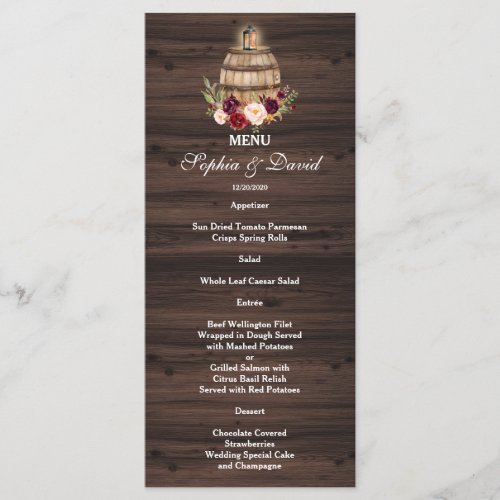 Fall Burgundy Wine Barrel Floral Barn Wedding Menu