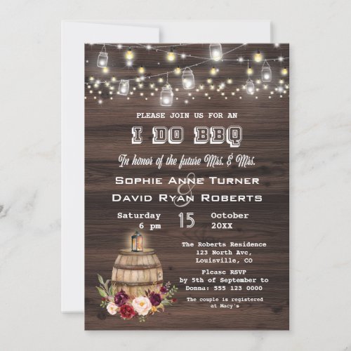 Fall Burgundy Wine Barrel Floral I DO BBQ Invitation