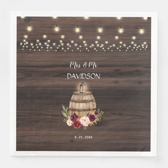 Fall Burgundy Wine Barrel Floral Wedding Paper Dinner Napkins (Front)
