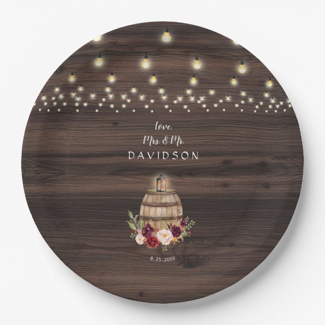 Fall Burgundy Wine Barrel Floral Wedding Paper Plates (Front)