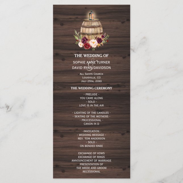 Fall Burgundy Wine Barrel Floral Wedding Program (Front)