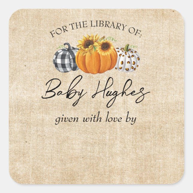 Fall Burlap Pumpkin Baby Shower Library Bookplate (Front)