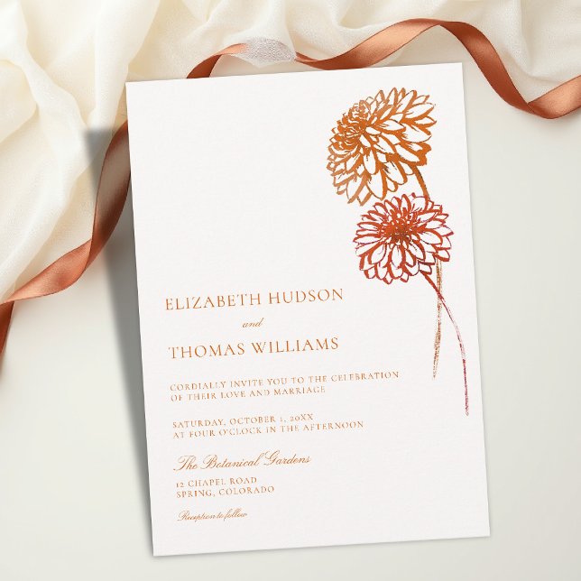 Fall Burnt Copper Sketch Modern Dahlias Wedding Invitation (fall wedding invitation dahlia floral burnt copper terracotta brown aesthetic template card modern)