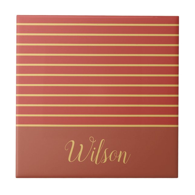 Fall Burnt Orange and Gold Last Name Striped Ceramic Tile (Front)