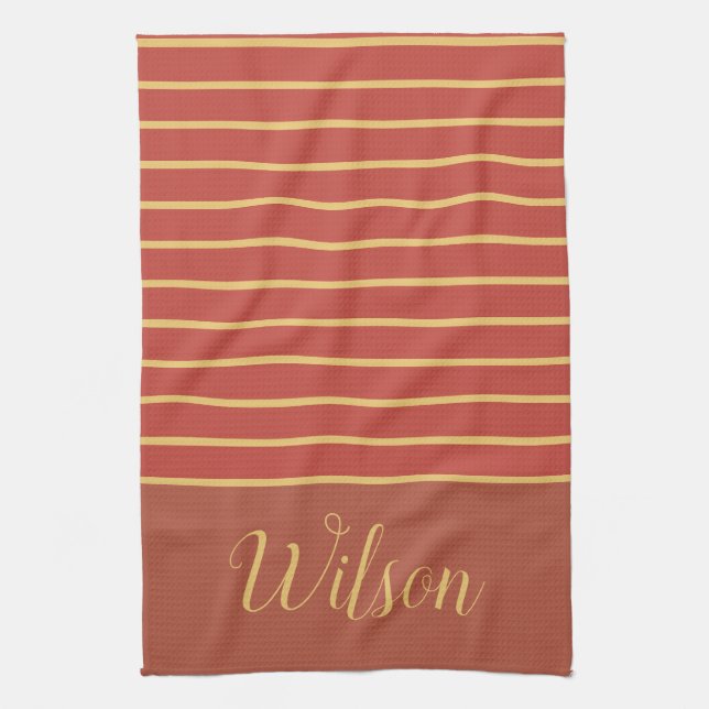 Fall Burnt Orange and Gold Last Name Striped Kitchen Towel (Vertical)