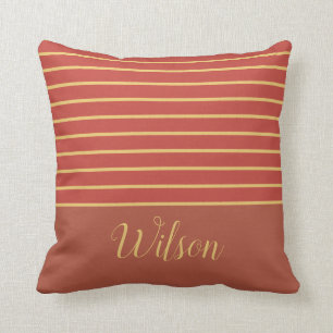 Fall Burnt Orange and Gold Last Name Striped Throw Pillow
