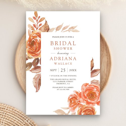 Fall Burnt Orange Floral Terracotta Bridal Shower Invitation