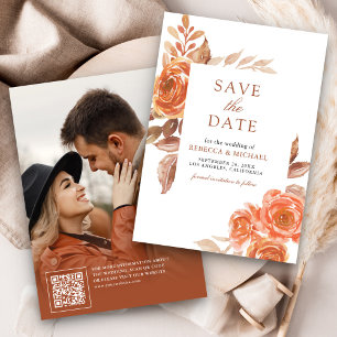 Fall Burnt Orange Floral Terracotta Photo Wedding Save The Date