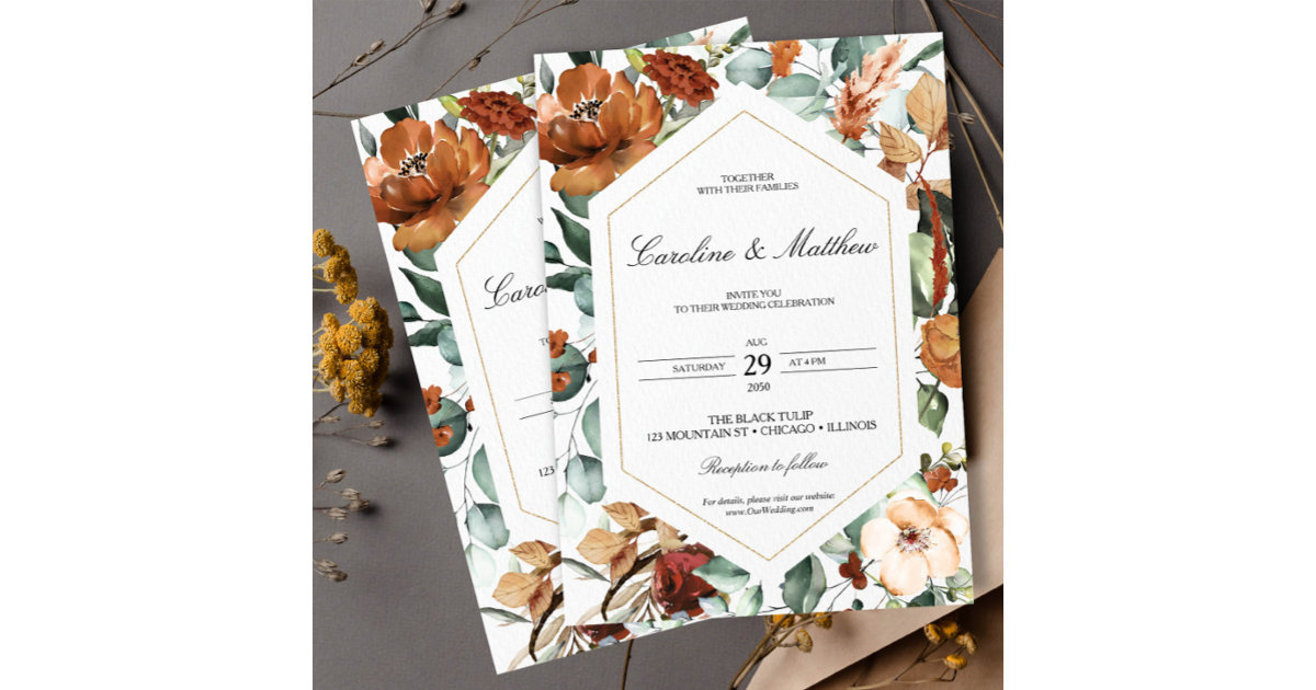 Fall Burnt Orange Floral Wedding Invitation | Zazzle