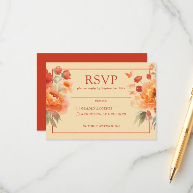 Fall Burnt Orange Floral  Wedding RSVP Enclosure Card (Front/Back In Situ)