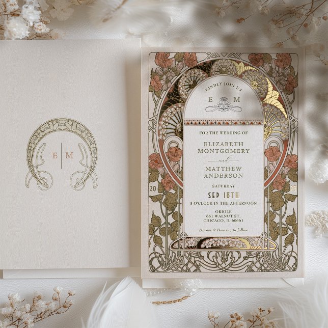 Fall Burnt Orange Gold Wedding Art Nouveau Mucha Foil Invitation (Creator Uploaded)