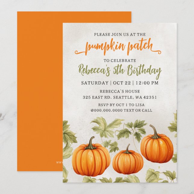 Fall Burnt Orange Pumpkin Patch Birthday Invitation (Front/Back)