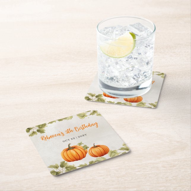 Fall Burnt Orange Pumpkin Patch Birthday Square Paper Coaster (Insitu)