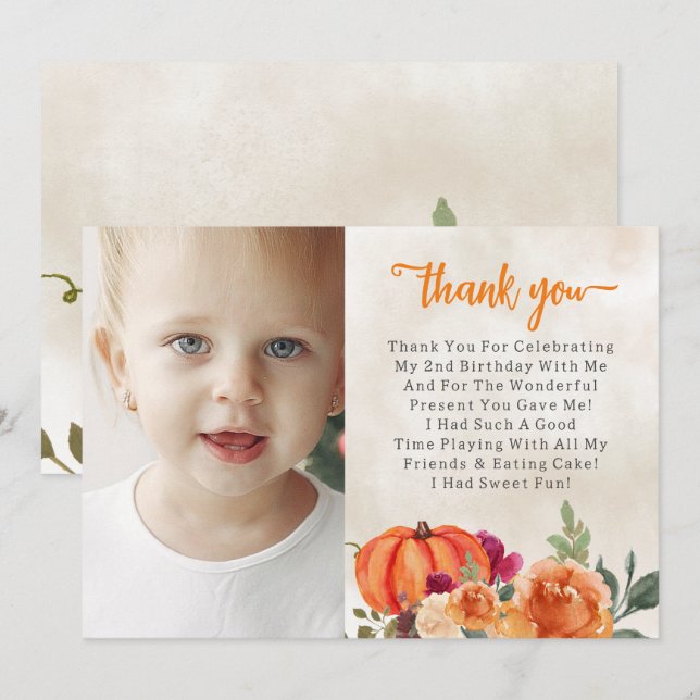 Fall Burnt Orange Pumpkin Patch Birthday Thank You Card (Front/Back)