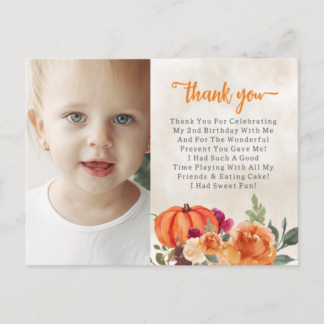 Fall Burnt Orange Pumpkin Patch Birthday Thank You Postcard (Front)