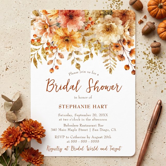 Fall Burnt Orange Watercolor Floral Bridal Shower Invitation (Creator Uploaded)