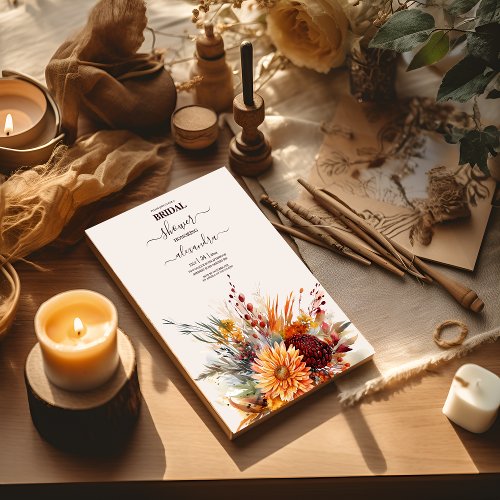 Fall Burnt Orange Watercolor Pampas Grass Bridal Invitation