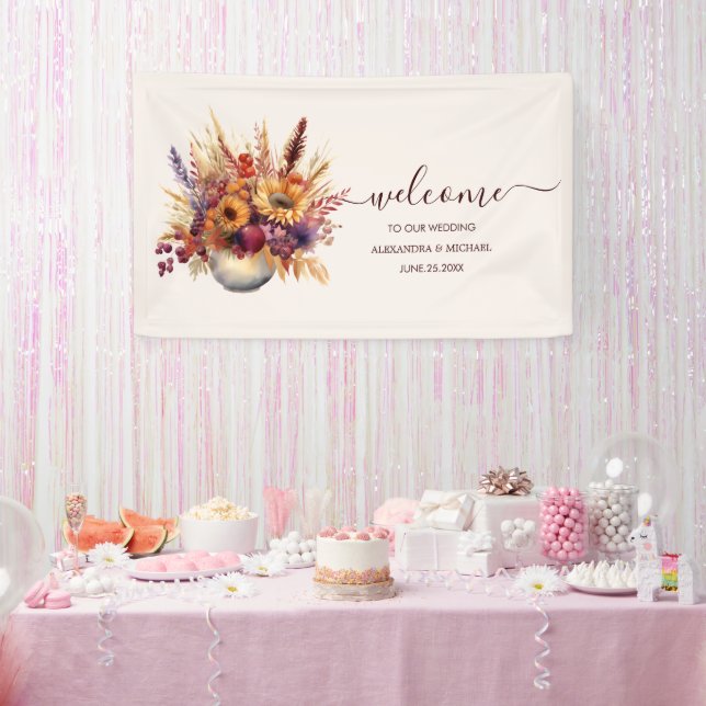 Fall Burnt Orange Watercolor Pampas Grass Wedding Banner (Party)