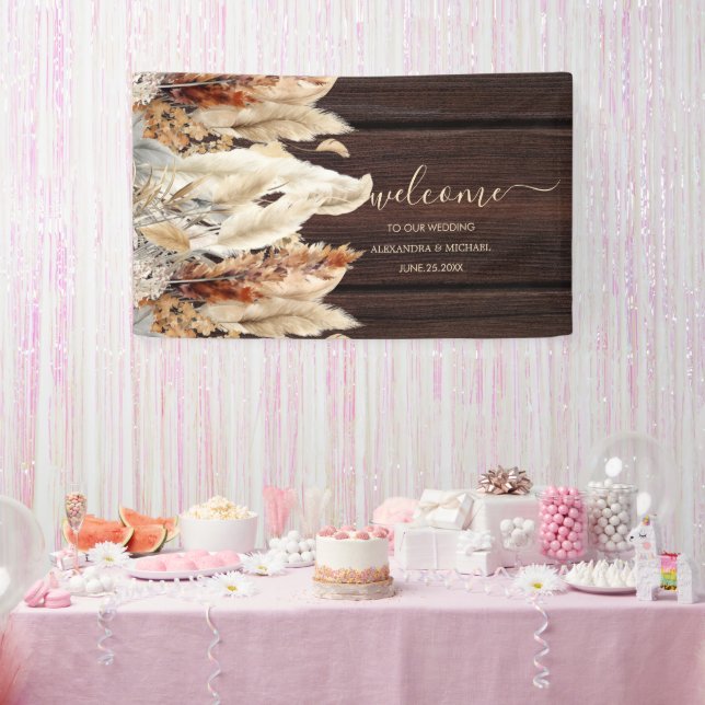 Fall Burnt Orange Watercolor Pampas Grass Wedding Banner (Party)