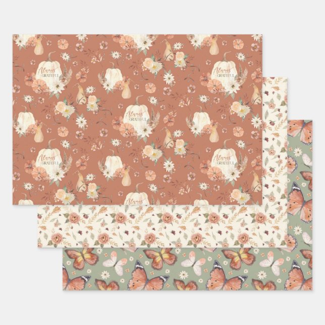 Fall Butterfly BOHO Floral Autumn Thanksgiving Wrapping Paper Sheets (Set)