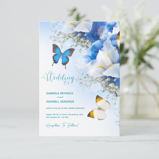 Fall Butterfly Nature Blue Hydrangea Wedding Invitation (Standing Front)