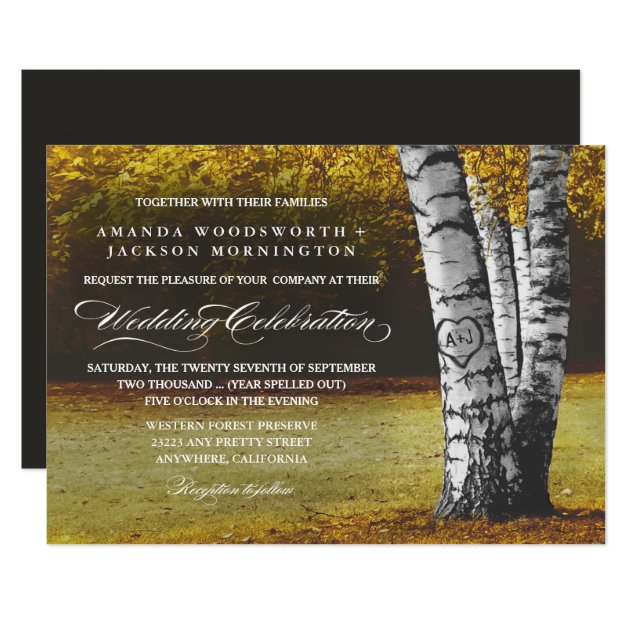 Fall Carved Heart Birch Tree Wedding Invitations