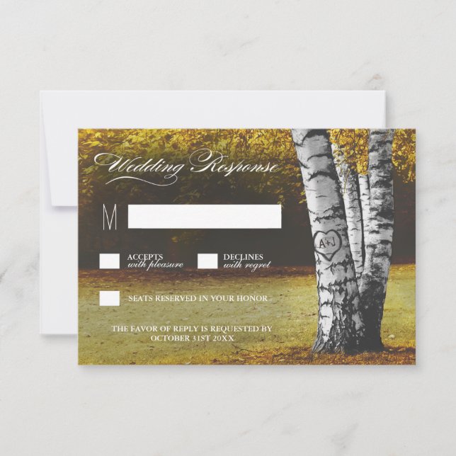 Fall Carved Heart Birch Tree Wedding RSVP Cards (Front)