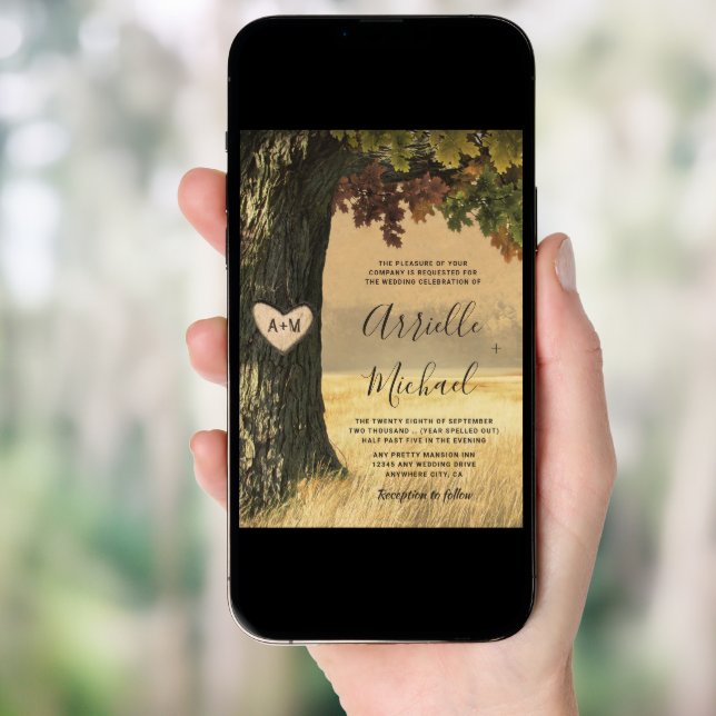 Fall Carved Oak Tree Country Rustic Forest Wedding Invitation (Front Digital)