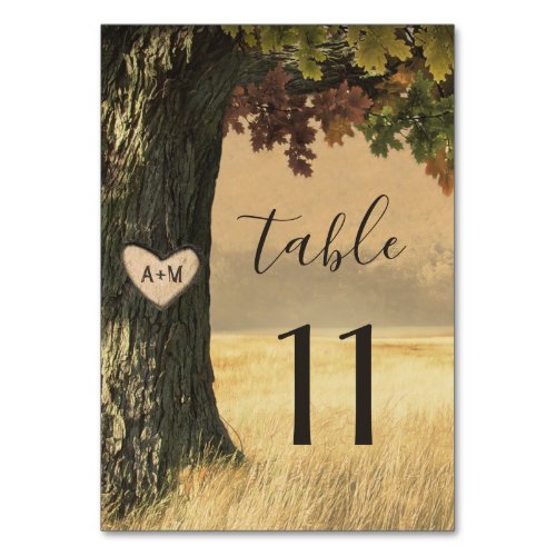 Fall Carved Oak Tree Country Rustic Forest Wedding Table Number