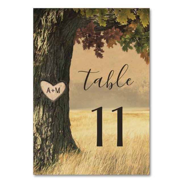 Fall Carved Oak Tree Country Rustic Forest Wedding Table Number (Front)