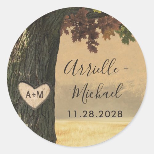 Fall Carved Oak Tree Country Rustic Wedding Favor Classic Round Sticker