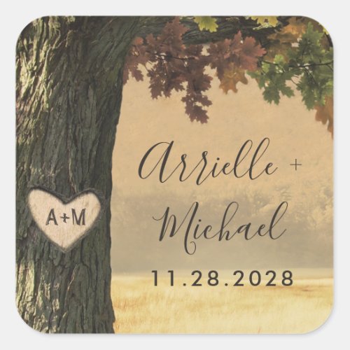 Fall Carved Oak Tree Country Rustic Wedding Favor Square Sticker